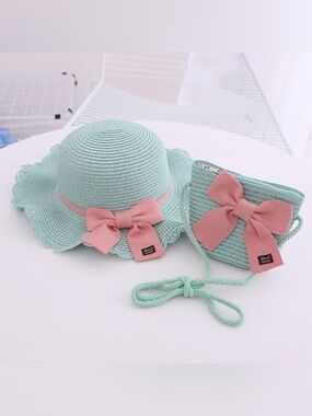Kids Mint Green Straw Hat and Bag Set with Pink Bow